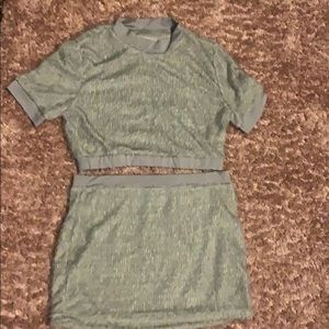 Grey fuzzy mini skirt and top